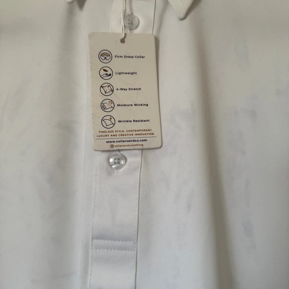 Collars & Co Mens Dress Collar Polo Shirt White Short Sleeve Stretch Small